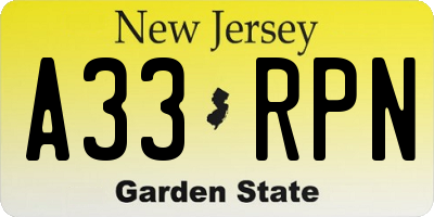 NJ license plate A33RPN