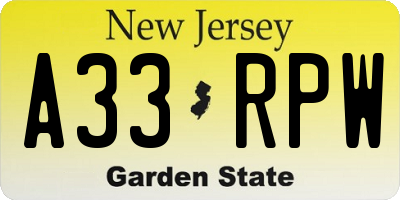 NJ license plate A33RPW