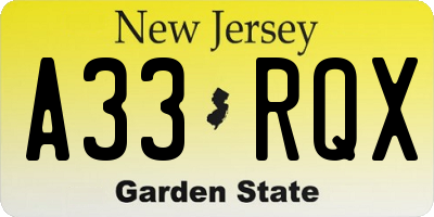 NJ license plate A33RQX
