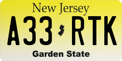NJ license plate A33RTK