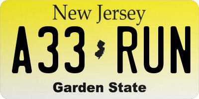 NJ license plate A33RUN