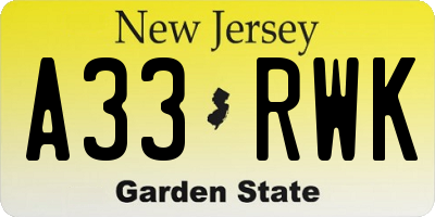 NJ license plate A33RWK