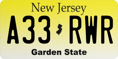 NJ license plate A33RWR