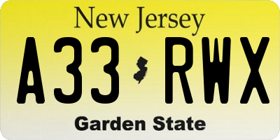NJ license plate A33RWX