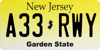 NJ license plate A33RWY