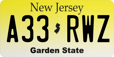 NJ license plate A33RWZ