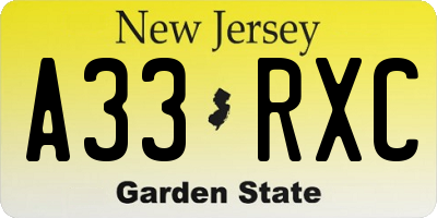 NJ license plate A33RXC