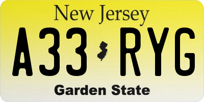 NJ license plate A33RYG