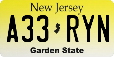 NJ license plate A33RYN