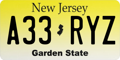 NJ license plate A33RYZ