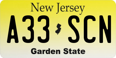 NJ license plate A33SCN
