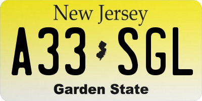 NJ license plate A33SGL