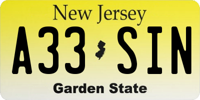 NJ license plate A33SIN
