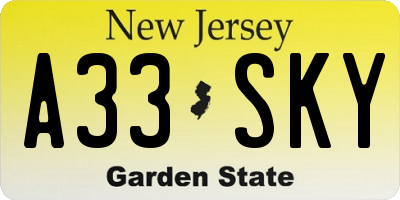 NJ license plate A33SKY