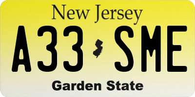 NJ license plate A33SME