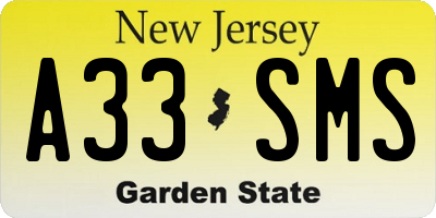 NJ license plate A33SMS