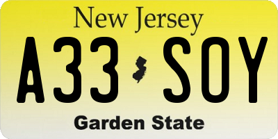 NJ license plate A33SOY