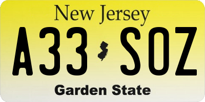 NJ license plate A33SOZ