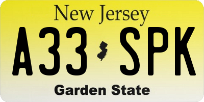NJ license plate A33SPK
