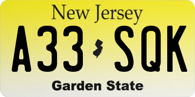 NJ license plate A33SQK