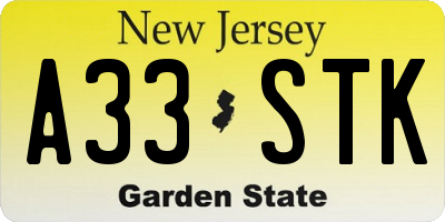 NJ license plate A33STK