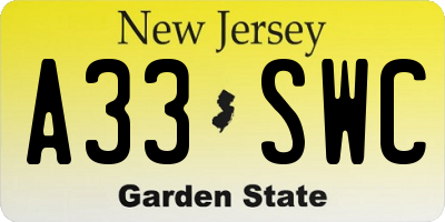 NJ license plate A33SWC