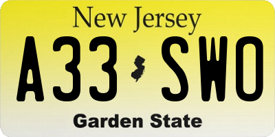 NJ license plate A33SWO