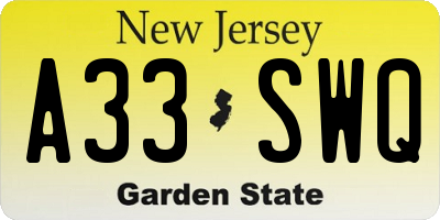 NJ license plate A33SWQ