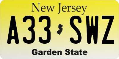 NJ license plate A33SWZ