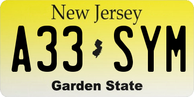 NJ license plate A33SYM