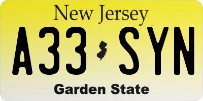 NJ license plate A33SYN