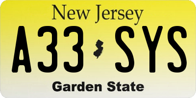 NJ license plate A33SYS