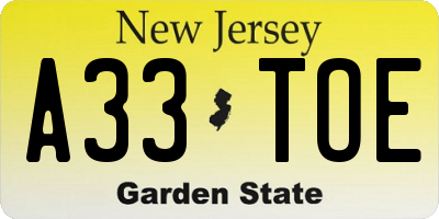 NJ license plate A33TOE