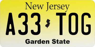 NJ license plate A33TOG