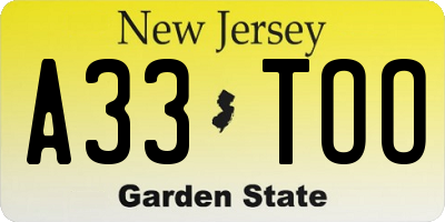 NJ license plate A33TOO