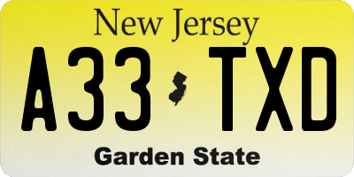 NJ license plate A33TXD