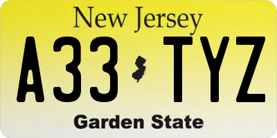NJ license plate A33TYZ