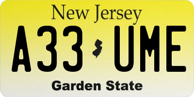 NJ license plate A33UME