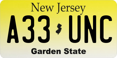 NJ license plate A33UNC