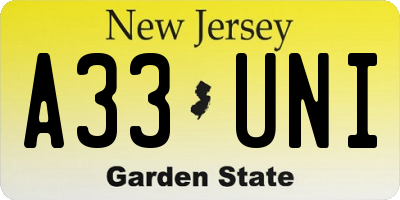 NJ license plate A33UNI