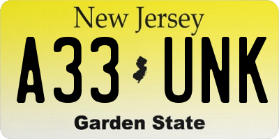 NJ license plate A33UNK