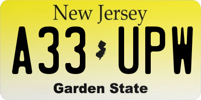 NJ license plate A33UPW