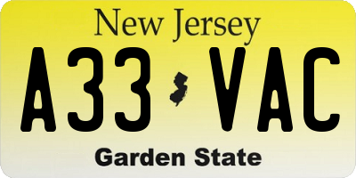 NJ license plate A33VAC
