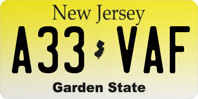NJ license plate A33VAF