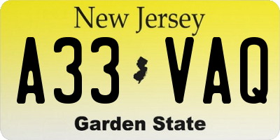 NJ license plate A33VAQ
