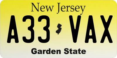 NJ license plate A33VAX