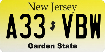 NJ license plate A33VBW