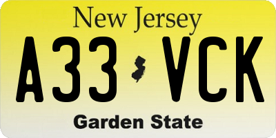 NJ license plate A33VCK