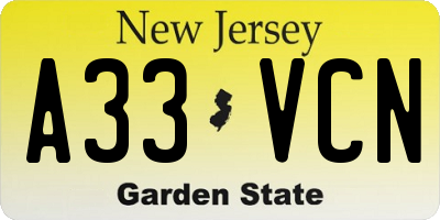 NJ license plate A33VCN