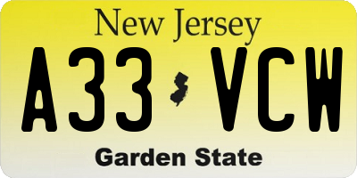 NJ license plate A33VCW